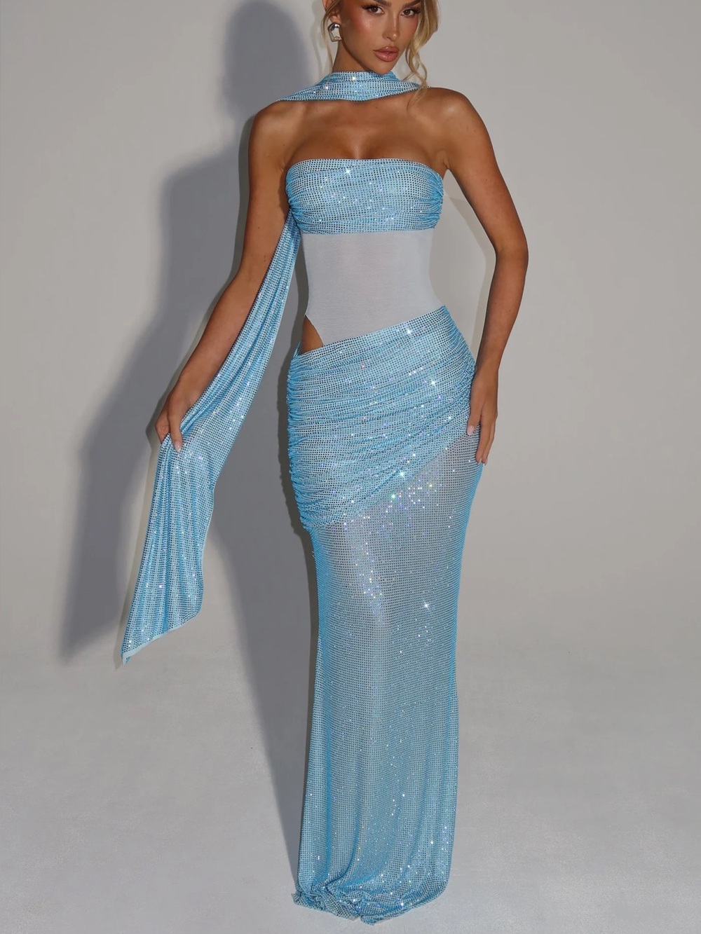 NEW Sequined Blue Strapless Maxi Dress with Draped Scarf